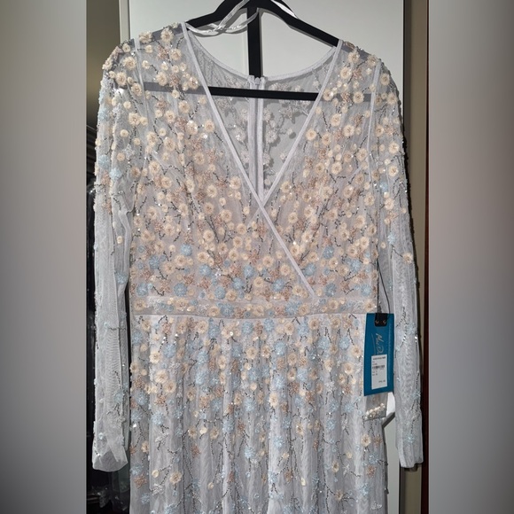 Embellished wrap over illusion long sleeve gown - Picture 6 of 9